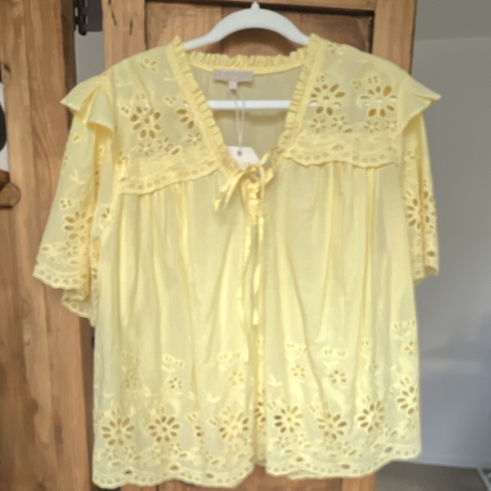 Farmers Market Women's Eyelet Floral Blouse Yellow Ruffle Sleeve Tie XL Boho